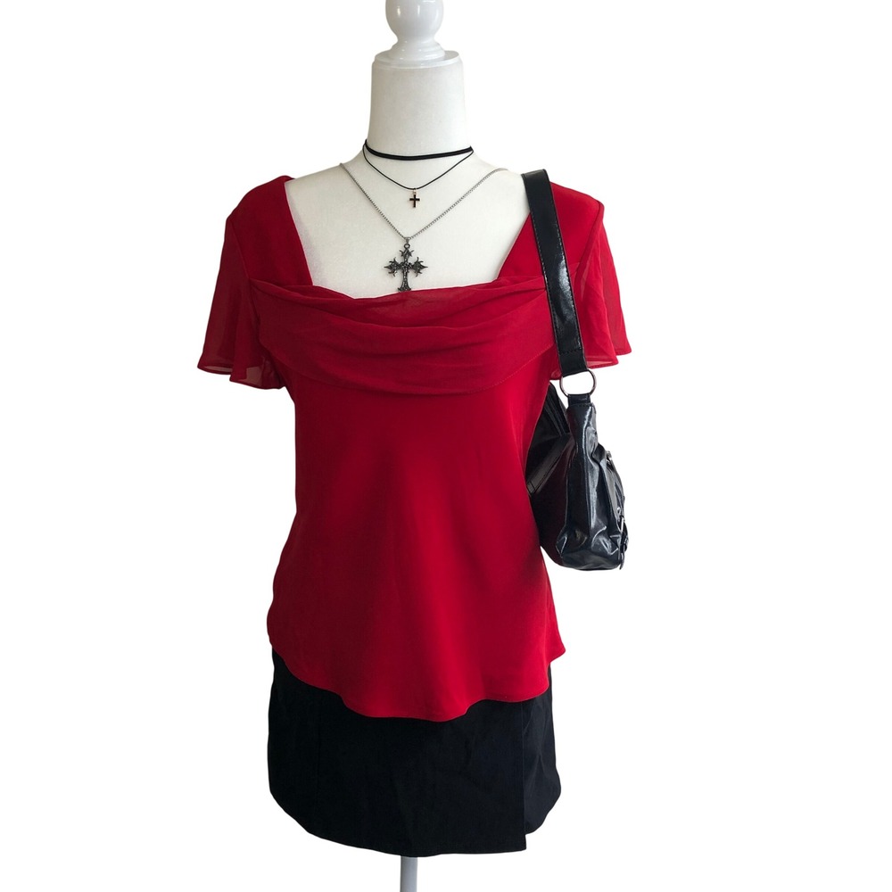 S.L. Fashions Vintage Style Red Cowl Neck Short Sleeve Chiffon Top Womens M